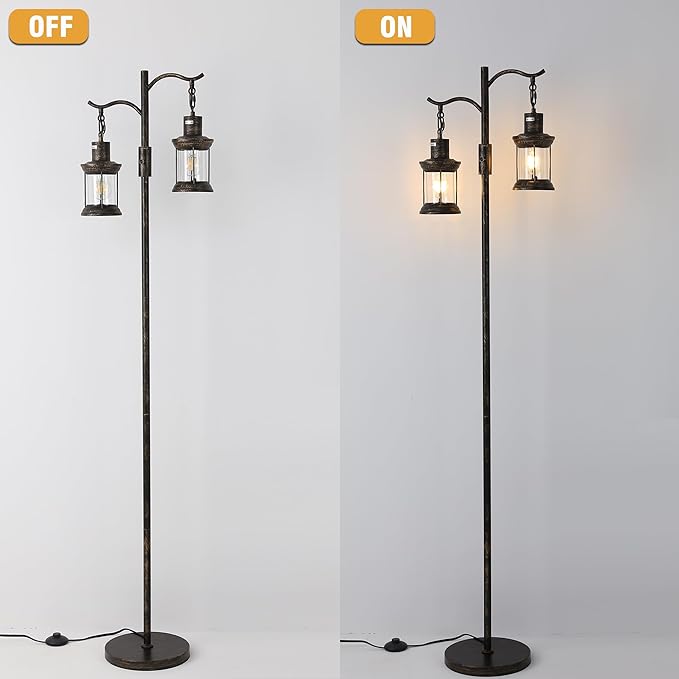 Vintage Dimmable Floor Lamp,2 Classical Lanterns Standing Lamp, Rustic Farmhouse Floor Lamp with Bronze Gold Finish, for Living Room Bedroom (Bronze)