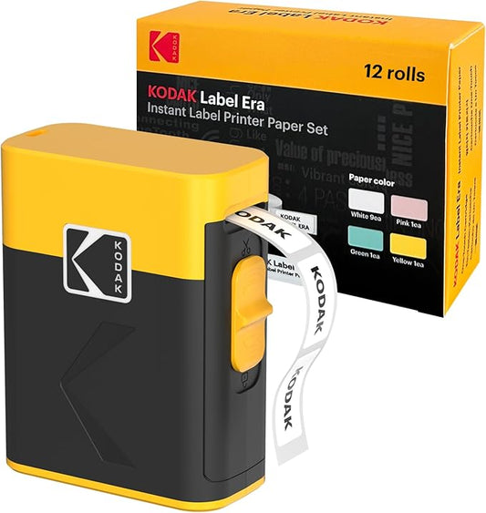 KODAK Label Maker Machine + 12-Pack Refills Bundle, Safe Blade Label Printer for Office, School & Home Organization, Yellow