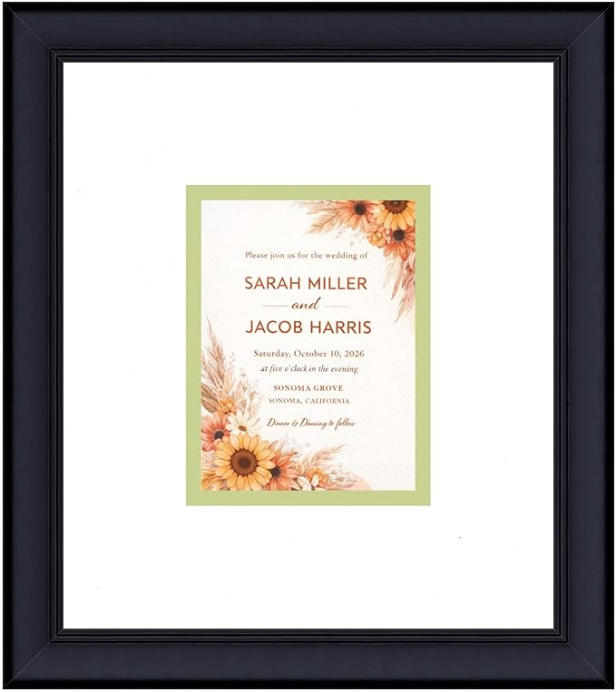 Poster Palooza Wedding Invitation Display Frame 10x11.25 in Black With White and Spring Green Double Mat for 4.25x5.5 A2 Keepsake | USA Made
