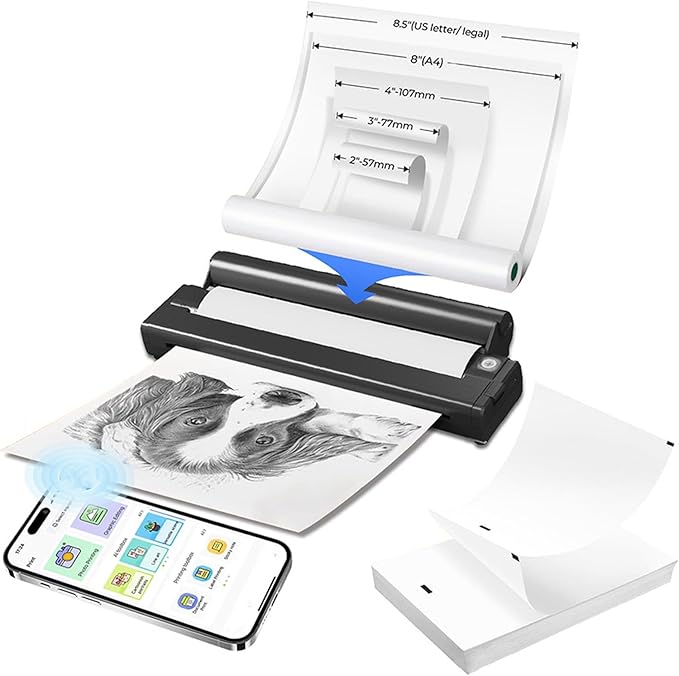Portable Inkless Printer, Wireless Thermal Printer, Support 8.5x11in Letter 2 to 8.5in Width Thermal Paper, High Resolution, 160 Sheets per Charge for Office School Home (Black)