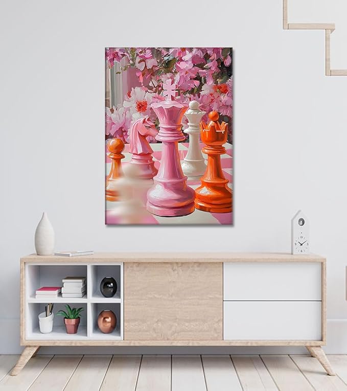 Chess Piece Wall Art - Pink Canvas Paitning Chess Pictures Wall Decor Colorful Chessboard Artwork Trendy Prints Modern Poster for Game Room Bathroom Living Room Bedroom Office, Framed 24"x36"