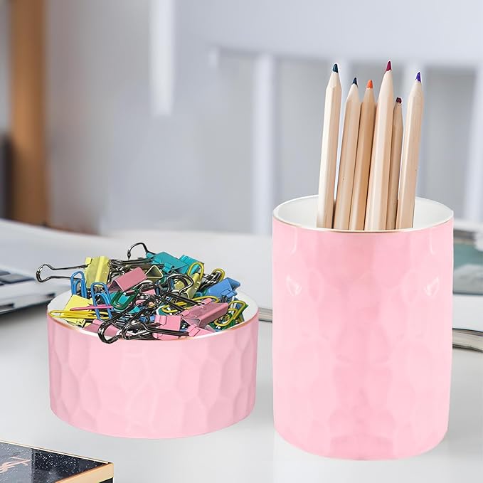Aesthetic Desk Accessories Set of 2 For Your Office Desk Decor- Sturdy Concrete Desktop Accessories For Women Enhance Any Office Decor - Set incl. Ceramic Pink Pen Holder and Paper Clip Holder(Pink)