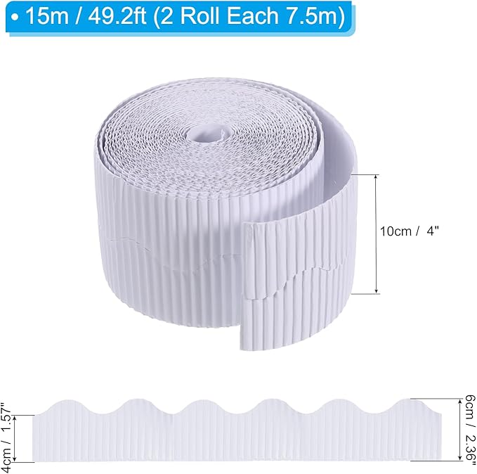 PATIKIL 3.9inch x 49.2ft Bulletin Board Border, Scalloped Trim Paper Corrugated Paper for Locker Classroom Decor Black White Cork Poster Boards, White