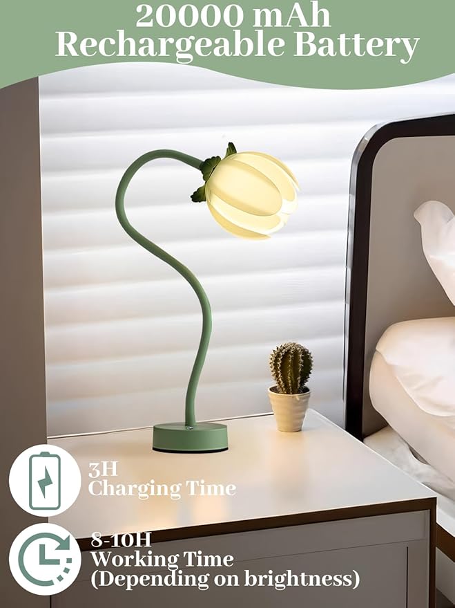 ONXE Tulip Desk Lamp - Rechargeable 3 Color Dimmable Flower Night Light, 360° Bendable Gooseneck, Cordless Metal Table Lamp for Bedroom Decor, Gifts for Women & Teens