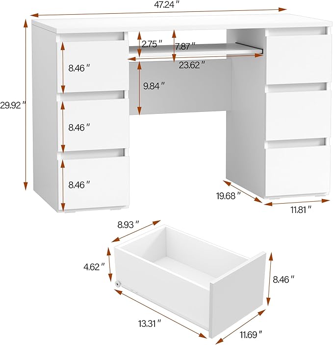 White Desk with Drawers Computer Desk for Bedroom, Home Office Table with Storage, 47 Inch Writing Wood Desks Executive Desks, Workbench Study Counter Small Gaming Table, White