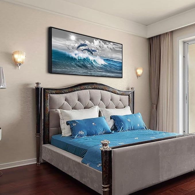 Black Framed Wall Decor For Living Room Large Size Canvas Wall Art For Bedroom Blue Waves Of The Sea Pictures Artwork Office Decorations Canvas Art Print Dolphins Wall Paintings Ready To Hang