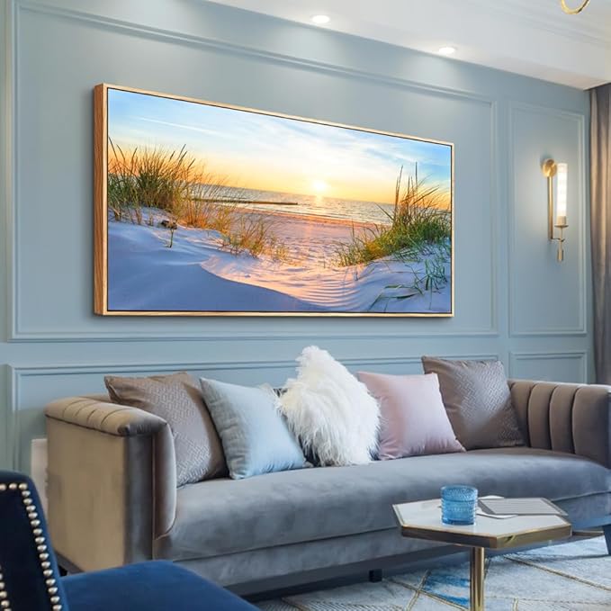 MHARTK66 Sunset Beach Wall Art for Living Room Golden Sunlight Sea Grass Dune Blue Ocean Seascape Picture HD Print On Canvas for Bedroom Office Home Decoration Framed Artwork Ready to Hang 30"x 60"