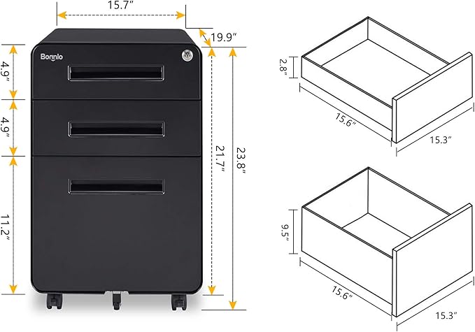 Bonnlo 23.8" H 3 Drawer Rolling File Cabinet With Lock, Mobile Under Desk With Pencil Tray, Black Locking for Home Office, Metal Filing Printer Stand Fully Assembled