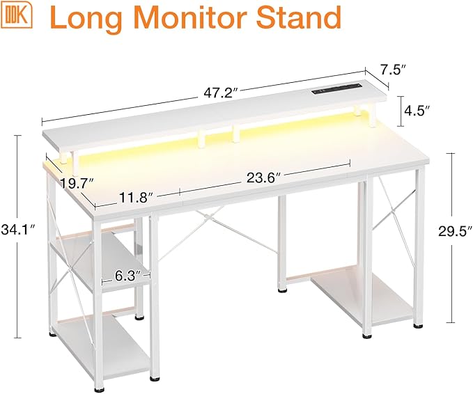 ODK 48 inch Gaming Desk with LED Lights & Power Outlets, Computer Desk with Monitor Stand & Storage Sheves, CPU Stand, Home Office Desk, White