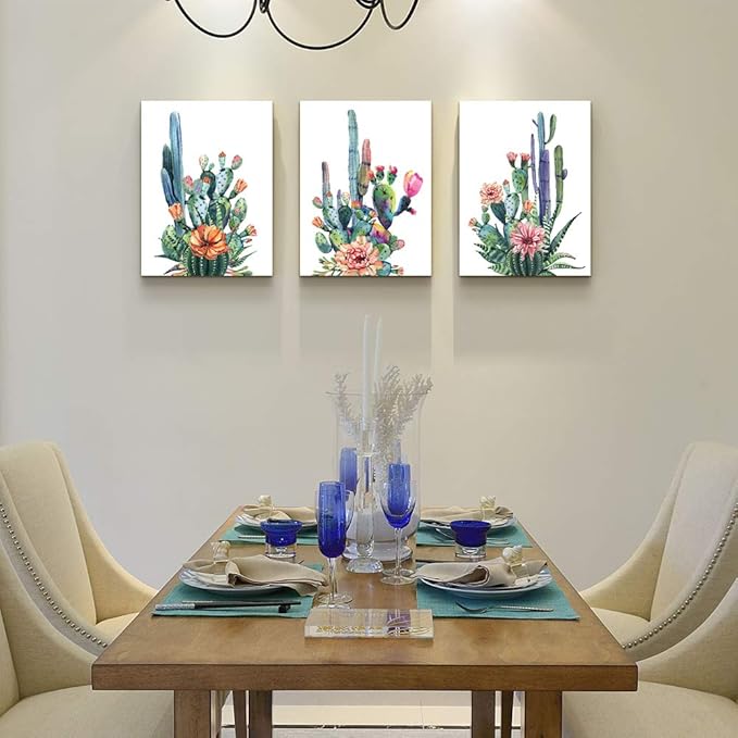Wall Art for living room Canvas Prints Artwork bathroom Wall Decor Simple Life Green plants cactus Picture Watercolor painting 3 Pieces kitchen bedroom wall decorations Office Works Home Decoration