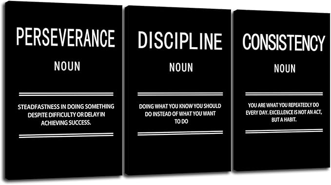 Motivational Canvas Office Print Wall Art Perseverance Discipline Consistency Inspirational Picture Poster Painting Modern Inspiring Artwork for Home Living Room Decor Ready to Hang [48''W x 24''H]