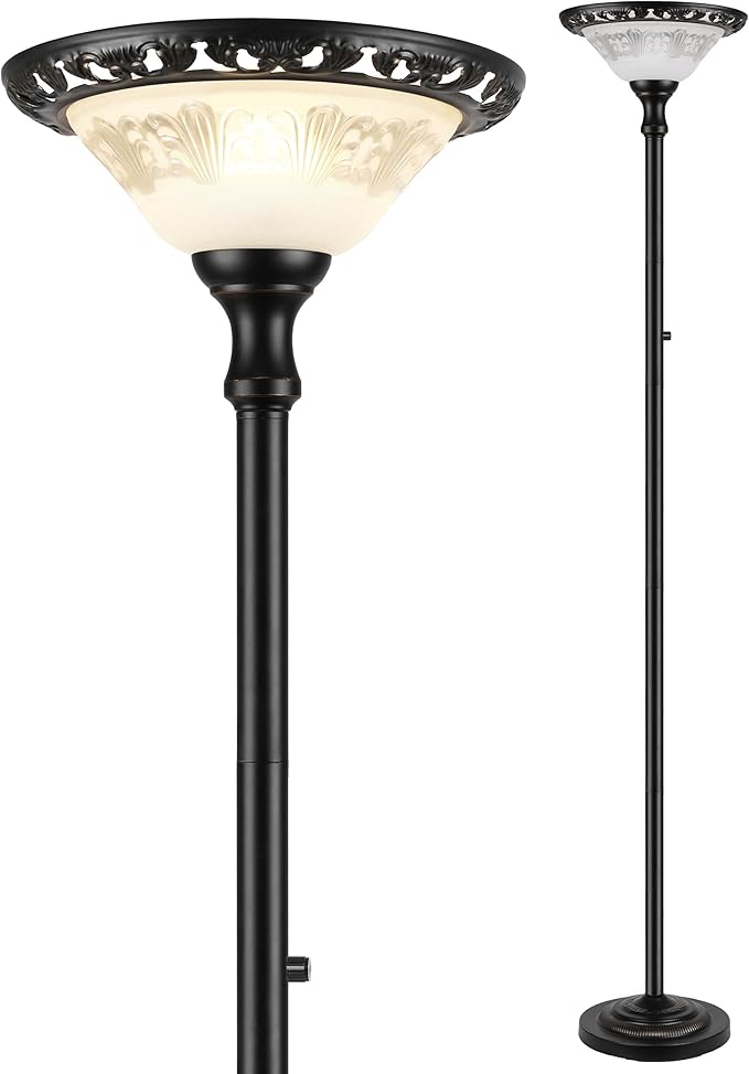 PARTPHONER Torchiere Floor Lamps for Living Room, 71" Tall Standing Lamp with Thick Glass Shade, Metal Pole & Heavy Base, Vintage Corner Lamp Decor for Home Bedroom Office, 3CCT Bulb Included