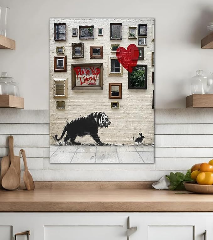 Run for Your Lives Graffiti Inspirational Wall Art Canvas Paintings Tiger Chase Rabbit Poster Artwork Motivational Wall Decor for Office Classroom Living Room Decor Ready to Hang-12x16 inch