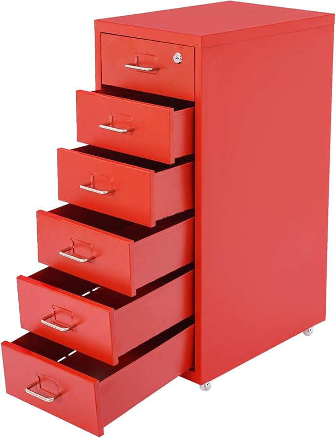 6-Tier Metal File Cabinet with Wheels and Lock, Filing Cabinet for Home Office, Metal Filing Storage Cabinets with Handle for Office Home, Easy Assemble