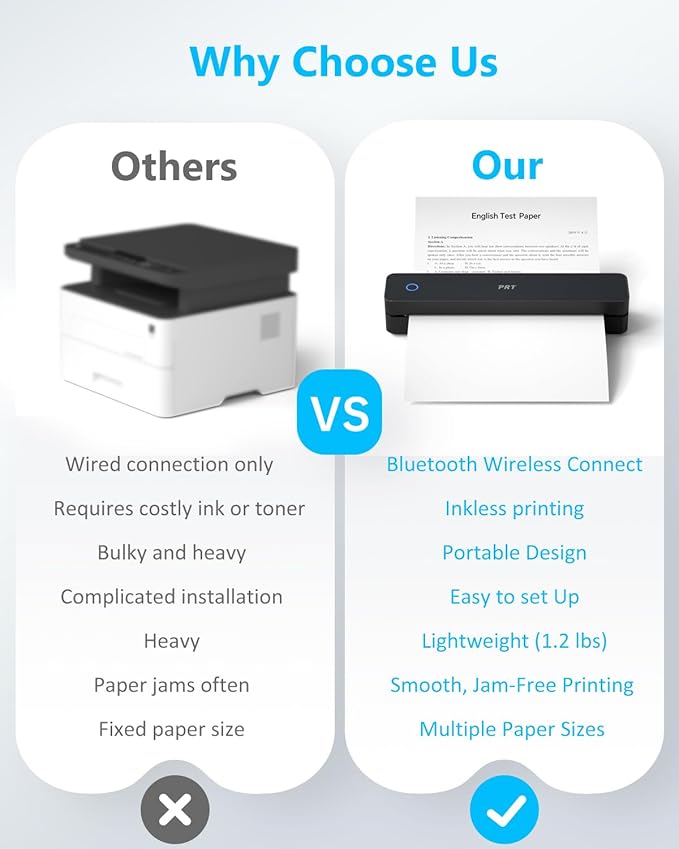 PRT Inkless Portable Printer for Travel, Wireless Thermal Printer Support 8.5 x 11 Inch US Letter A4 B5, Bluetooth Mobile Printers with iOS, Android, Laptop for Home Use, Car, Office, School, Black
