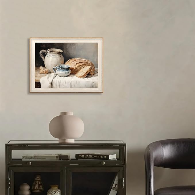 ASTRDECOR Framed Kitchen Wall Art, Modern Muted Still Life Painting Farmhouse Wall Decor, Sourdough Bread Canvas Wall Art Prints, Rustic Jars White Tablecloth Country Wall Decor Living Room-12''x16''