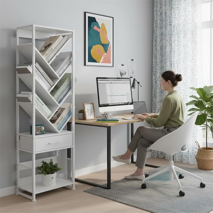 Bookshelf with Drawer,10 Tier Tree Bookcase Retro Floor Standing Bookshelves,Tall Wood Bookcases with Cabinet Storage Organizer for Living Room, Bedroom & Home Office, White