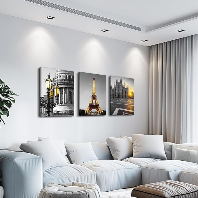 Black and white Architectural landscape Canvas Wall Art for Living Room kitchen Wall Artworks Bedroom Decoration, 3 Piece framed bathroom Home Wall decor posters Yellow Eiffel Tower wall painting