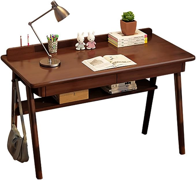Solid Wood Writing Desk, 47" Mid-Century Modern Walnut Desk, Home Office Computer Desk with 2 Drawers and Storage Shelf, Laptop Desk, Study Table, Work Desk Station