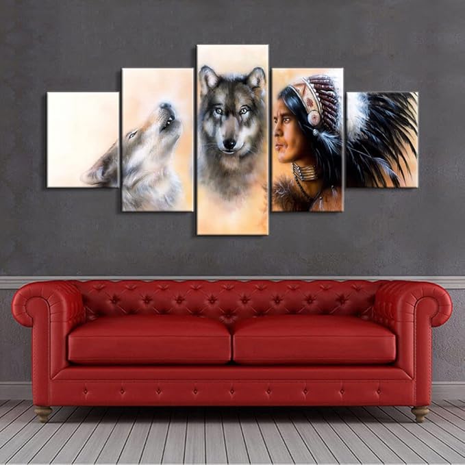 5 Native American Chief with Wolves Poster - Indian Wall Art for Living Room Decor (50''W x 24''H)