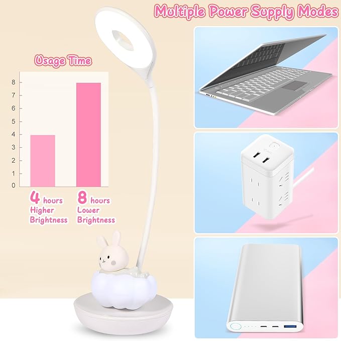 Cute Rabbit Design Dimmable Touch LED Reading Desk Lamp Night Light with 5 Levels Brightness for Boy,Girl Kid Teen (Pink Cloudy Bunny)