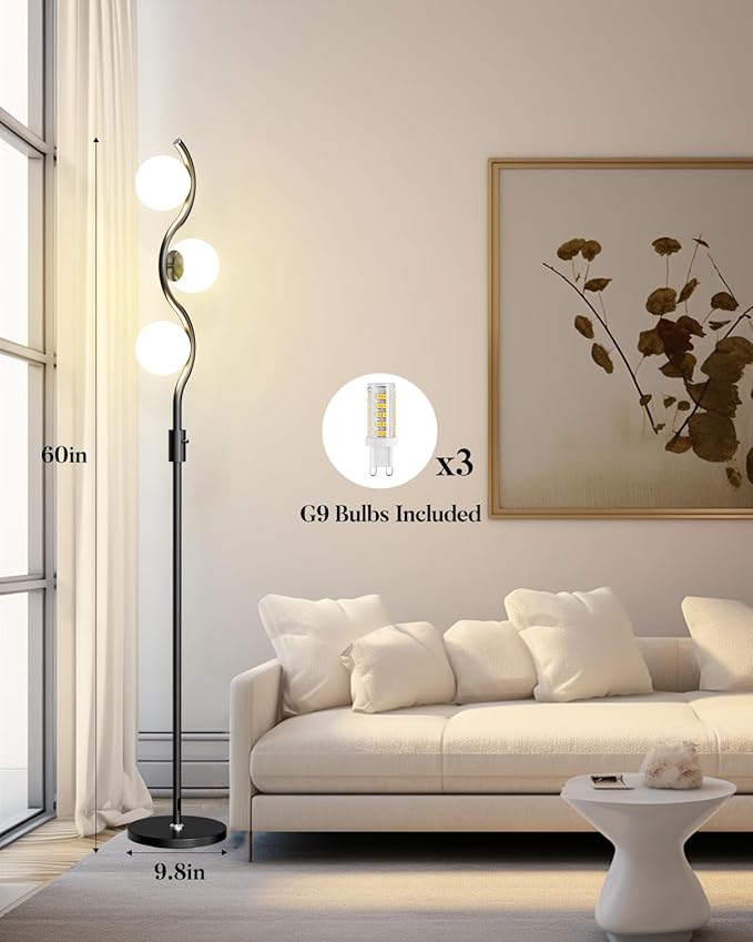 Lightdot 60IN 3-Globe Dimmable Black Floor Lamp Mid Century Standing Lamps with 3Pcs 3000K Warm White Bulbs Included Brightness Adjustable Modern Tall Lamp for Bedroom/Sofa Beside/Corner Decor