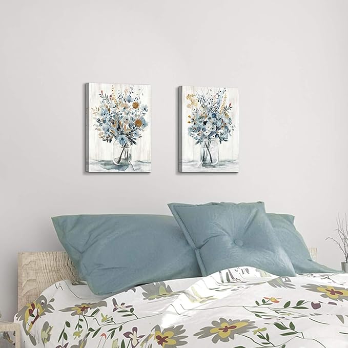 Hardy Gallery Floral Canvas Wall Art Prints: Abstract Blossom Flower Bouquet in Glass Bottle Picture Print on Canvas Small Size for Dining Room (12'' x 16'' x 2 Panels)