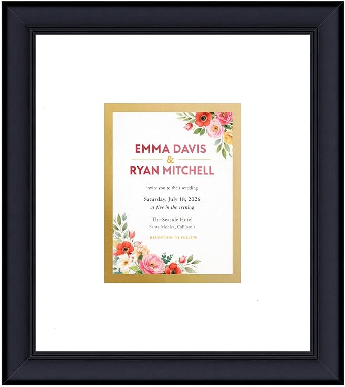 Invitation Picture Frame Black With Double Mat White Over Metallic Gold for 4.25x5.5 A2 Keepsake Made in the USA