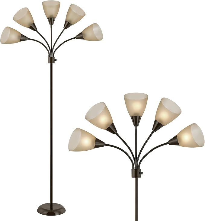 Medusa Modern Decor Floor Lamp, Multi Head Adjustable Gooseneck Bright Light for Reading, White Shades Tall Standing Tree Floor Lamp for Living Room Bedroom Office Kids Classroom, Brown