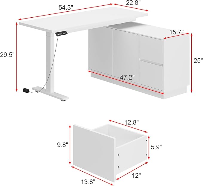 Homsee Electric Height Adjustable Standing Desk, L-Shaped Computer Desk with 2 Drawers & 2 Doors for Office, Workstation Table with Storage Cabinet for Writing Study Work Executive, White