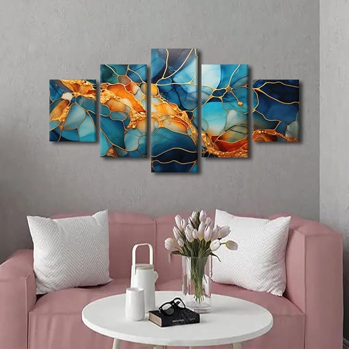 Canvas Wall Art Decor Abstract Canvas Wall Art Modern 5 Panel Colorful Glass Window Poster Golden Lines Painting Art Prints for Living Room Decoration Stretched and Framed Ready to Hang 60x32 in
