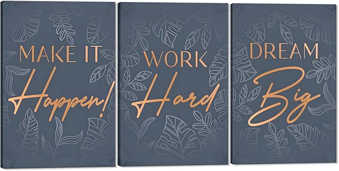 Set of 3 Inspirational Quotes Wall Art, Dream Big Work Hard Make It Happen Canvas Print Positive Office Poster Motivational Wall Decor Inspiring Picture Entrepreneur Painting Artwork, Framed 24"x36"x3