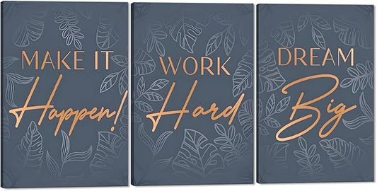 Set of 3 Inspirational Quotes Wall Art, Dream Big Work Hard Make It Happen Canvas Print Positive Office Poster Motivational Wall Decor Inspiring Picture Entrepreneur Painting Artwork, Framed 24"x36"x3