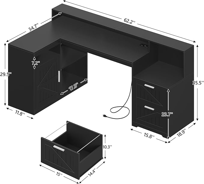 TVU Farmhouse L Shaped Desk with Drawers, 62.2" Home Office Desk with Storage Shelves and Power Outlet, L Shaped Computer Desk with Monitor Stand and Printer Shelf, Black