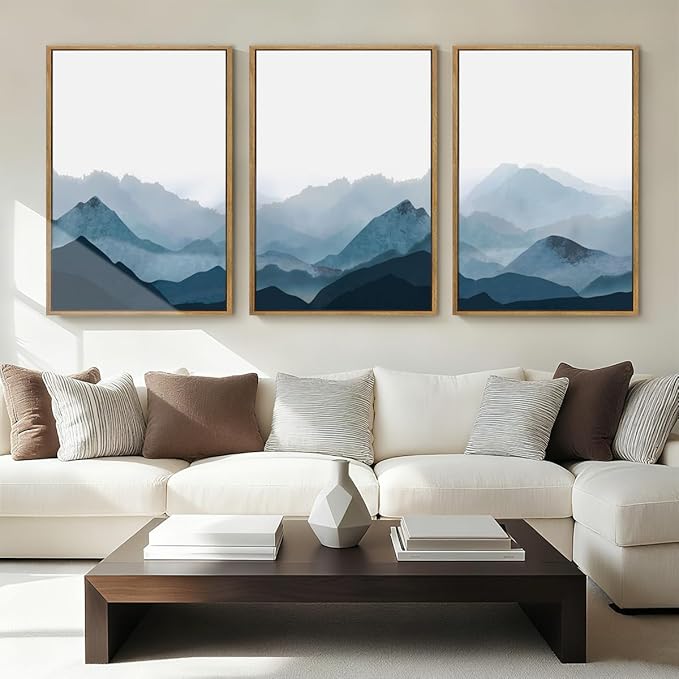 BINCUE Framed Blue Mountain Wall Decor Fog Blue Ridge Mountains Wall Art 16x24 Inches Minimalist Landscape Paintings Framed Mountains Wall Art Decor Simple Landscape Artwork for Living Room Bedroom Office Set of 3