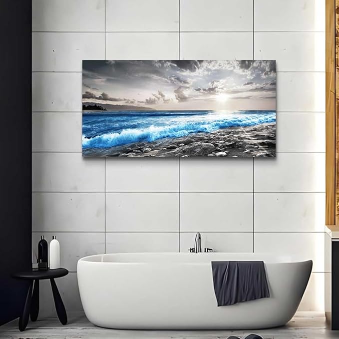 hyidecorart Wall Decor For Living Room Framed Canvas Wall Art For Office Bedroom Decorations Blue Ocean Wall Painting Black and White Beach Pictures Artwork Modern Mural Home Walls Decor