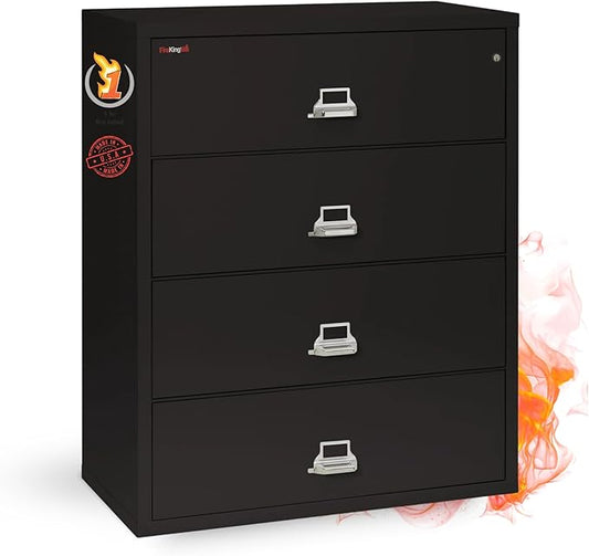 FireKing Fireproof Lateral File Cabinet (4 Drawers, Impact Resistant, Water Resistant), 44" W x 22" D, Black, Made in USA
