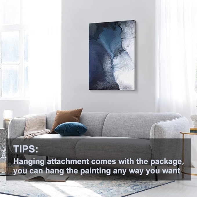 Canvas Wall Art Abstract Art Paintings Navy Blue Block and Line Graffiti is Like Running Water on White Background Modern Artwork Decor for Living Room Bedroom Kitchen 36x24in