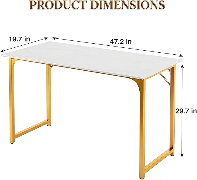 Dkelincs 47 Inch Computer Desk Home Office Desk Gaming Writing Desk Modern Simple Style Study Work Table with Metal Frame, Large Legroom, Adjustable Feet, Water-Resistant, Scratchproof Surface, Gold