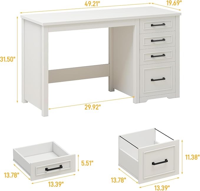 Vabches Farmhouse 49” Executive Desk with File Drawer, 4 Drawers Reversible Computer Desk with Storage, Rustic Home Writing Workstation for Home Office, Cream White