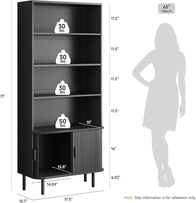 ONBRILL 71" Tall Bookshelf, 4-Tier Bookcase with Storage Cabinet & Adjustable Shelves, Floor Standing Wooden Bookshelf with Sliding Door and Adjustable Footpad, for Home Office, Living Room, Black