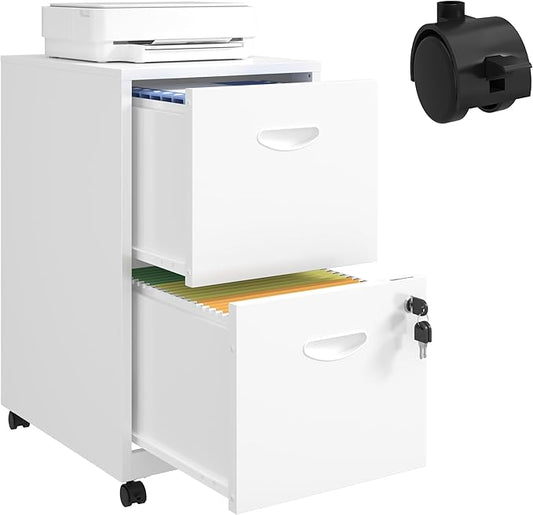 2 Drawer File Cabinet with Lock, Filing Cabinets with Wheels, Rolling File Cabinets for Home Office, Metal Office File Cabinet, for Holding Letters and File Boxes, Assembly Required, White