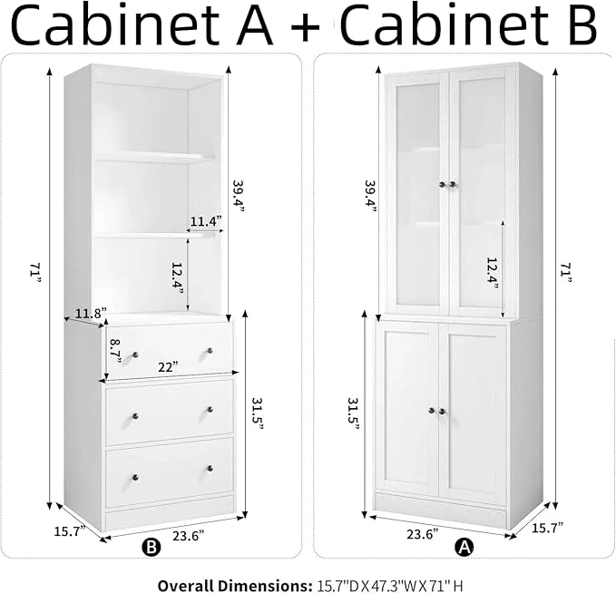 TUSY 71" H Bookshelf with Storage, 6-Tier Modern Bookshelves with 3 Large Drawer, Display Bookcase with Glass Doors, Modern 5-Tier Curio Cabinet for Home Office, Dining Room (White, ABBA)