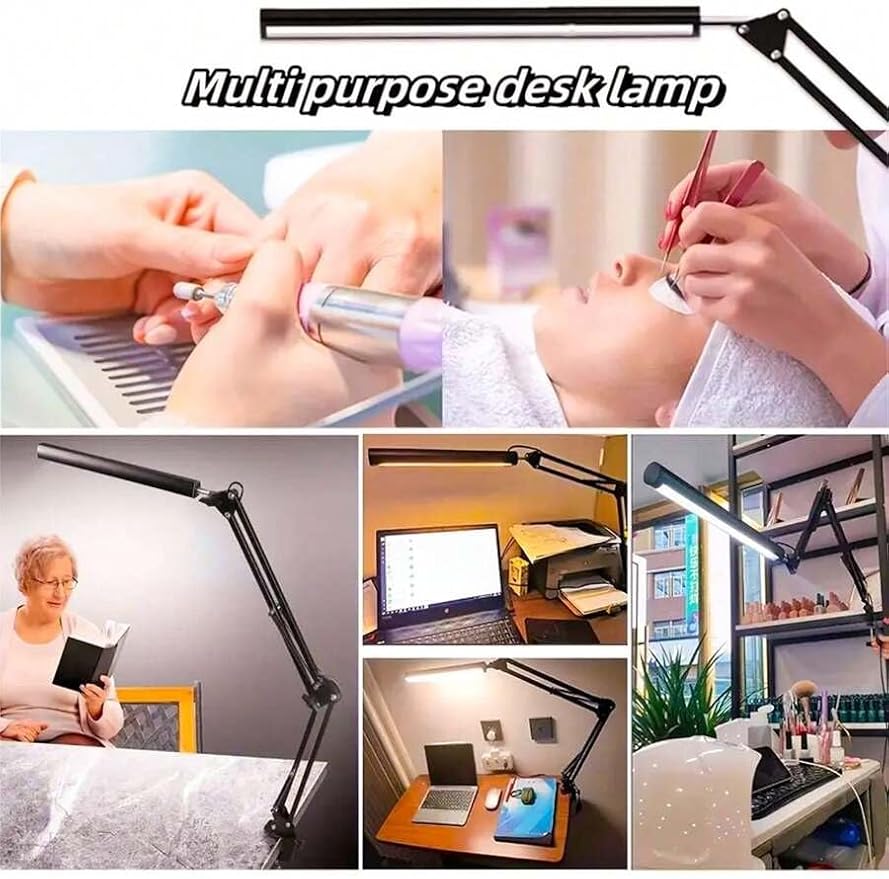 Dimmable LED Desk Lamp with Swing Arm and Clip, USB Powered Eye-Care Light with Memory Function, Adjustable for Office, Dorm, Studio, or Reading