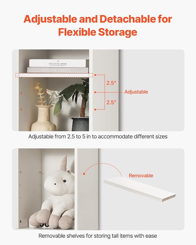 VEVOR 8 Tiers Narrow Bookshelf, 71 in Wooden Tall Open Bookcase with Height-Adjustable Shelf, Freestanding Display Storage Floor Bookcase Bookshelf for Library, Bedroom, Living Room, Office, White