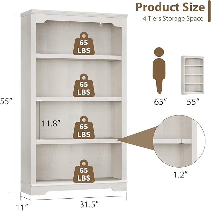HIFYOBRO 4 Tier Bookshelf, 55 Inches Tall Bookcase, Wooden Book Shelf with Storage, Freestanding Open Display Bookshelves for Study Room, Home Office, Living Room (White, 4-Shelf)