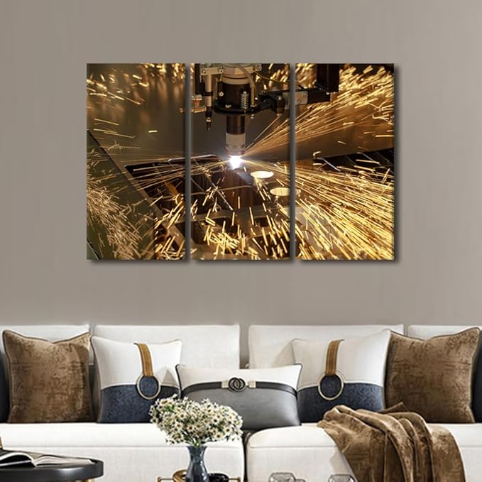 Framed Wall Art Prints Plasma Cutting Pictures Canvas Prints Art Work for Walls Multi-panels Wall Art Metalwork Industry Machine Canvas Art Wall Decor for Bedroom Living Room, 42x28 Inch