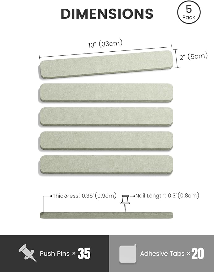 Fluxynara Cork Board Alternative Felt Strip Board 5-Pack 13"x2", Office Pin Board with 35 Push Pins, Adhesive Install for Bedroom Door & Home Office(Sage)