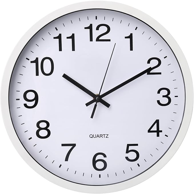 Wall Clock 12 Inch Metal Finish Silent Non Ticking Indoor Clock Round Battery Operated Stainless Steel Wall Clocks for Home, Office, Living Room (White-White, 12 Inch)