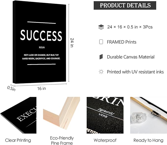 LMGOV Large Motivational Office Wall decor for Men, 16" x24" Success Wall Art for Bedroom, Black and White Canvas Painting for Bathroom, Positive Poster for Dorm, College, Gym